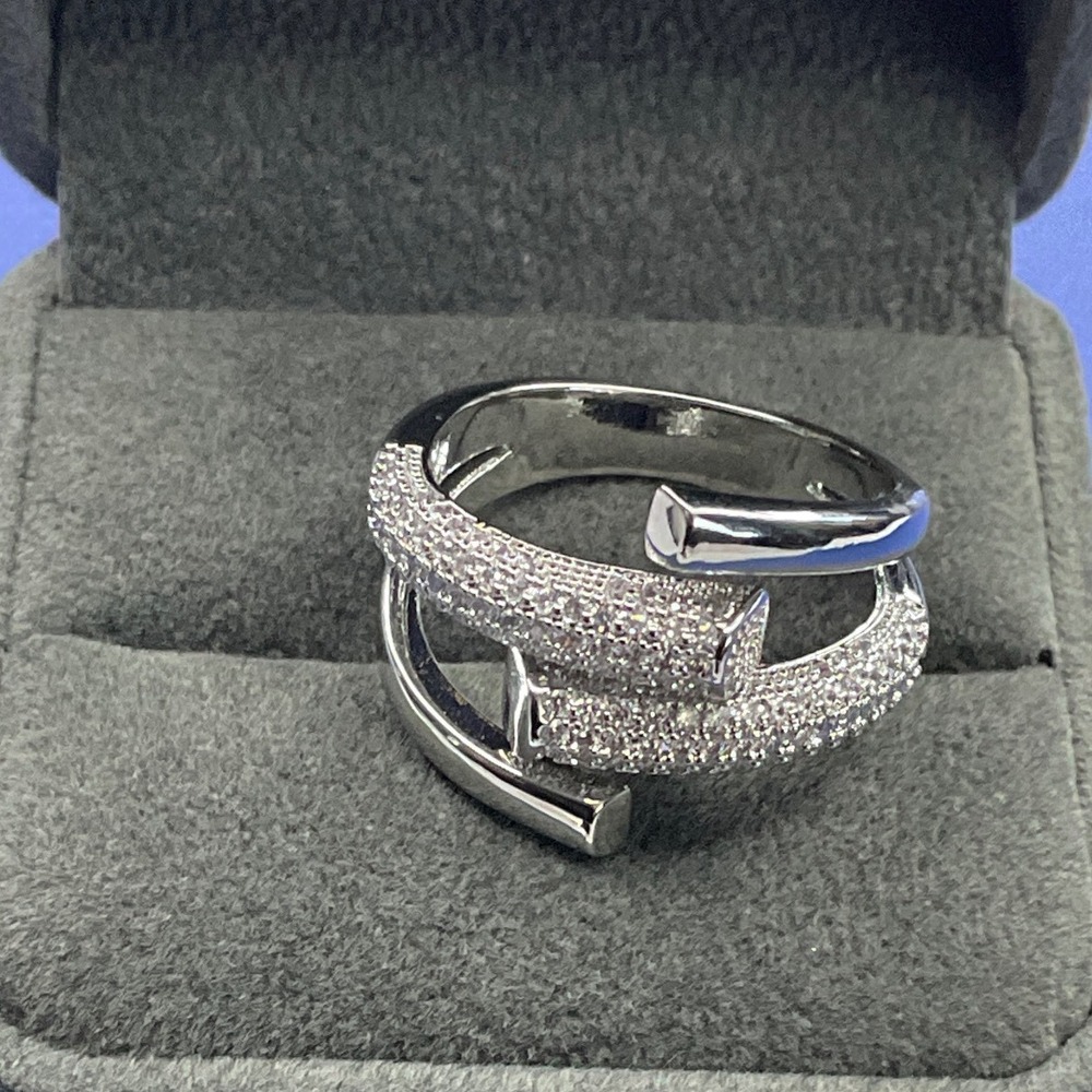 Ring Silver Tone Pave Crystal Multi-Band Bypass Statement Style New - Picture 4 of 4